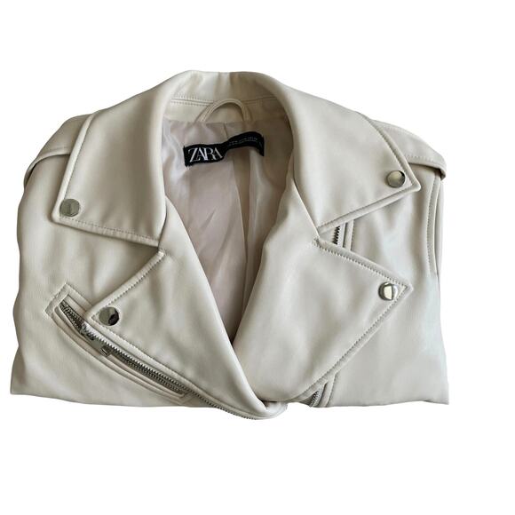 ZARA Moto Biker Jacket Faux Leather Full Zip Belted Women's Medium Beige Cream - Picture 5 of 15